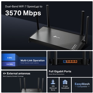 Router Wireless Gigabit TP-LINK Archer BE220 BE3600, Wi-Fi 7, Dual-Band 688 + 2882 Mbps, negru Router Wireless Gigabit TP-LINK Archer BE220 BE3600, Wi-Fi 7, Dual-Band 688 + 2882 Mbps, negru