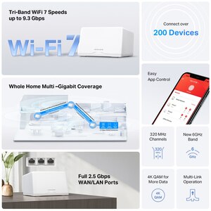 Sistem Wireless Mesh Gigabit MERCUSYS Halo H47BE BE9300, Wi-Fi 7, Tri Band 574 + 2880 + 5760 Mbps, 2 buc, alb Sistem Wireless Mesh Gigabit MERCUSYS Halo H47BE BE9300, Wi-Fi 7, Tri Band 574 + 2880 + 5760 Mbps, 2 buc, alb