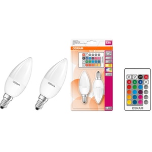 Set 2 becuri LED OSRAM Star RGB-W, E14, 4.5W (25W), 250 lm, dimabil, 2 telecomenzi incluse Set 2 becuri LED OSRAM Star RGB-W, E14, 4.5W (25W), 250 lm, dimabil, 2 telecomenzi incluse