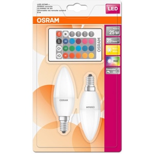 Set 2 becuri LED OSRAM Star RGB-W, E14, 4.5W (25W), 250 lm, dimabil, 2 telecomenzi incluse Set 2 becuri LED OSRAM Star RGB-W, E14, 4.5W (25W), 250 lm, dimabil, 2 telecomenzi incluse