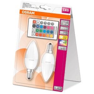 Set 2 becuri LED OSRAM Star RGB-W, E14, 4.5W (25W), 250 lm, dimabil, 2 telecomenzi incluse Set 2 becuri LED OSRAM Star RGB-W, E14, 4.5W (25W), 250 lm, dimabil, 2 telecomenzi incluse