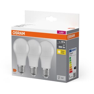 Set 3 becuri LED OSRAM, E27, 8W, 806lm, lumina calda Set 3 becuri LED OSRAM, E27, 8W, 806lm, lumina calda