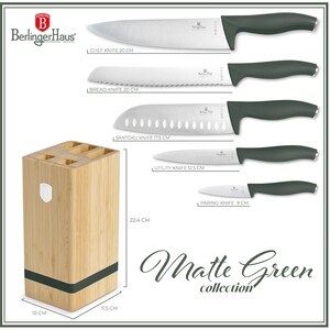 Set cutite BERLINGER HAUS BH/2751 + suport bambus, 5 piese, otel, 9-20cm, verde Set cutite BERLINGER HAUS BH/2751 + suport bambus, 5 piese, otel, 9-20cm, verde