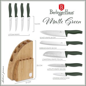 Set cutite BERLINGER HAUS BH/3123 + suport bambus, 9 piese, otel, 9-20cm, verde Set cutite BERLINGER HAUS BH/3123 + suport bambus, 9 piese, otel, 9-20cm, verde