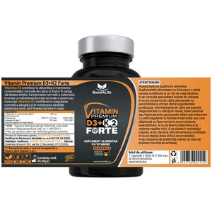 Supliment Vitamina D3 + K2 Premium Forte 5000 UI, 60 capsule, BOOST4LIFE Supliment Vitamina D3 + K2 Premium Forte 5000 UI, 60 capsule, BOOST4LIFE