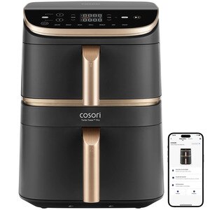 Friteuza cu aer cald dubla COSORI Turbo Tower Pro Smart CAFDC123SDEUR, 10.8l, 2630W, 3 rezistente, negru-auriu Friteuza cu aer cald dubla COSORI Turbo Tower Pro Smart CAFDC123SDEUR, 10.8l, 2630W, 3 rezistente, negru-auriu