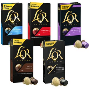 Pachet capsule cafea L'OR 10 buc Espresso Splendente + 10 buc Lungo Profondo + 10 buc Espresso Decaffeinato + 10 buc Espresso Forza + 10 buc Espresso Ristretto, 260g Pachet capsule cafea L'OR 10 buc Espresso Splendente + 10 buc Lungo Profondo + 10 buc Espresso Decaffeinato + 10 buc Espresso Forza + 10 buc Espresso Ristretto, 260g