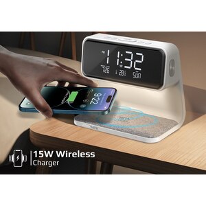 Ceas desteptator cu incarcare wireless pentru telefon, 15W, PROMATE Lumix,, alb Ceas desteptator cu incarcare wireless pentru telefon, 15W, PROMATE Lumix,, alb