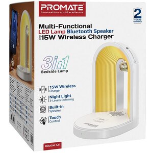Lampa de birou cu LED PROMATE Globe-Qi, 15W, boxa bluetooth, incarcator wireless, alb Lampa de birou cu LED PROMATE Globe-Qi, 15W, boxa bluetooth, incarcator wireless, alb