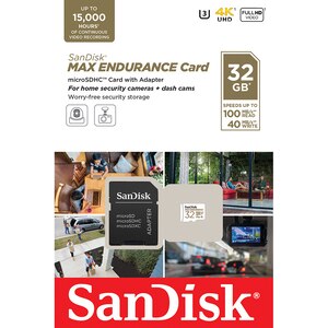 Card de memorie SANDISK Max Endurance, microSDHC, 32GB, 100MB/s, clasa 10/U3/V30, UHS-I, adaptor Card de memorie SANDISK Max Endurance, microSDHC, 32GB, 100MB/s, clasa 10/U3/V30, UHS-I, adaptor