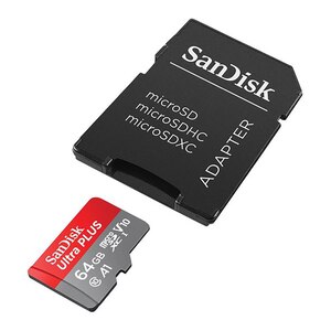 Card de memorie SANDISK Ultra Plus microSDXC, 64GB, 150MB/s, clasa 10/U1/A1, UHS-I, adaptor Card de memorie SANDISK Ultra Plus microSDXC, 64GB, 150MB/s, clasa 10/U1/A1, UHS-I, adaptor