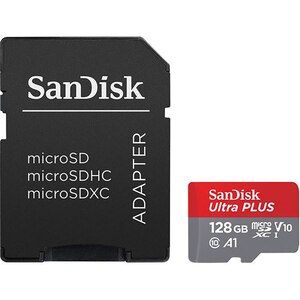 Card de memorie SANDISK Ultra Plus microSDXC, 128GB, 150MB/s, clasa 10/U1/A1, UHS-I, adaptor Card de memorie SANDISK Ultra Plus microSDXC, 128GB, 150MB/s, clasa 10/U1/A1, UHS-I, adaptor