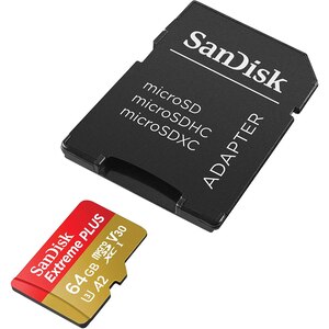 Card de memorie SANDISK Extreme Plus microSDXC UHS-I, 64GB, 200MB/s, C10, U3, V30, A2, adaptor Card de memorie SANDISK Extreme Plus microSDXC UHS-I, 64GB, 200MB/s, C10, U3, V30, A2, adaptor