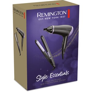 Set REMINGTON Style Essentials D3016GP: Uscator de par, 2000W, negru + Placa de indreptat parul, 215 grade, negru Set REMINGTON Style Essentials D3016GP: Uscator de par, 2000W, negru + Placa de indreptat parul, 215 grade, negru