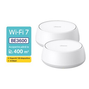 Sistem Wireless Mesh Gigabit TP-LINK Deco BE22 BE3600, Wi-Fi 7, Dual Band 688 + 2882 Mbps, 2 buc, alb Sistem Wireless Mesh Gigabit TP-LINK Deco BE22 BE3600, Wi-Fi 7, Dual Band 688 + 2882 Mbps, 2 buc, alb