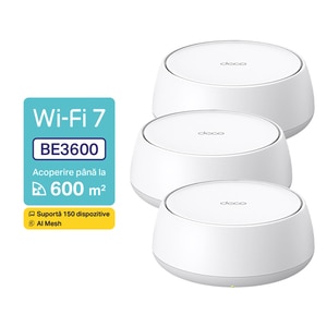 Sistem Wireless Mesh Gigabit TP-LINK Deco BE22 BE3600, Wi-Fi 7, Dual Band 688 + 2882 Mbps, 3 buc, alb Sistem Wireless Mesh Gigabit TP-LINK Deco BE22 BE3600, Wi-Fi 7, Dual Band 688 + 2882 Mbps, 3 buc, alb