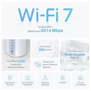 Sistem Wireless Mesh TP-LINK Deco BE65 BE9300, Tri-Band 574 + 2880 + 5760 Mbps, 2 buc, alb Sistem Wireless Mesh TP-LINK Deco BE65 BE9300, Tri-Band 574 + 2880 + 5760 Mbps, 2 buc, alb