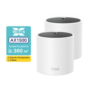 Sistem Wireless Mesh TP-LINK Deco X1500 AX 1500, Dual-Band 300 + 1201 Mbps, 2 buc, alb Sistem Wireless Mesh TP-LINK Deco X1500 AX 1500, Dual-Band 300 + 1201 Mbps, 2 buc, alb