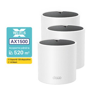 Sistem Wireless Mesh TP-LINK Deco X1500 AX1500, Dual-Band 300 + 1201 Mbps, 3 buc, alb Sistem Wireless Mesh TP-LINK Deco X1500 AX1500, Dual-Band 300 + 1201 Mbps, 3 buc, alb