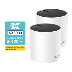Sistem Wireless Mesh TP-LINK Deco X55 AX3000, Wi-Fi 6, Dual-Band 574 + 2402 Mbps, 2 buc, alb Sistem Wireless Mesh TP-LINK Deco X55 AX3000, Wi-Fi 6, Dual-Band 574 + 2402 Mbps, 2 buc, alb