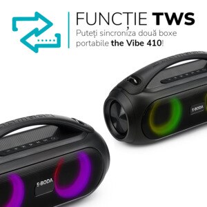 Boxa portabila E-BODA The Vibe 410, Bluetooth, USB, Radio FM, IPX5, negru Boxa portabila E-BODA The Vibe 410, Bluetooth, USB, Radio FM, IPX5, negru
