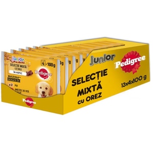 Hrana umeda pentru caini PEDIGREE, Junior, Mix cu orez in aspic, 13 x 4 x 100g Hrana umeda pentru caini PEDIGREE, Junior, Mix cu orez in aspic, 13 x 4 x 100g