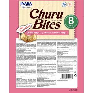 Recompense pentru caini INABA Churu Bites, Pui si Somon, 8 x 12g Recompense pentru caini INABA Churu Bites, Pui si Somon, 8 x 12g