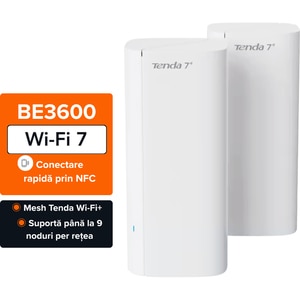 Sistem Mesh Wireless TENDA Nova EE3 Pro BE3600, Wi-Fi 7, Dual Band 688 + 2882 Mbps, 2 buc, alb Sistem Mesh Wireless TENDA Nova EE3 Pro BE3600, Wi-Fi 7, Dual Band 688 + 2882 Mbps, 2 buc, alb