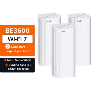 Sistem Mesh Wireless TENDA Nova EE3 Pro BE3600, Wi-Fi 7, Dual Band 688 + 2882 Mbps, 3 buc, alb Sistem Mesh Wireless TENDA Nova EE3 Pro BE3600, Wi-Fi 7, Dual Band 688 + 2882 Mbps, 3 buc, alb