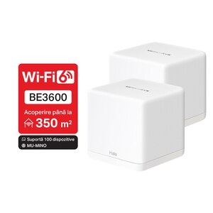Sistem Wi-Fi Mesh MERCUSYS Halo H1500, Wi-Fi 6, Dual-Band 300 + 1201 Mbps, 2 buc, alb Sistem Wi-Fi Mesh MERCUSYS Halo H1500, Wi-Fi 6, Dual-Band 300 + 1201 Mbps, 2 buc, alb