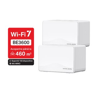 Sistem Wireless Mesh MERCUSYS Halo H25BE BE3600, Wi-Fi 7, Dual Band 688 + 2880 Mbps, 2 buc, alb Sistem Wireless Mesh MERCUSYS Halo H25BE BE3600, Wi-Fi 7, Dual Band 688 + 2880 Mbps, 2 buc, alb