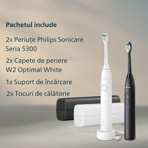 Set 2 Periute de dinti electrice PHILIPS Sonicare 5300 HX7109/01, 62000 miscari/min, 1 program, 2 capete, alb-negru Set 2 Periute de dinti electrice PHILIPS Sonicare 5300 HX7109/01, 62000 miscari/min, 1 program, 2 capete, alb-negru