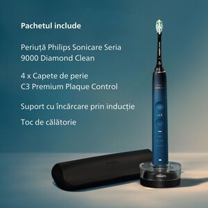 Periuta de dinti electrica PHILIPS DiamondClean Series 9000 Special Edition HX9911/89, 62000 miscari/min, 4 programe, 4 capete, albastru/negru Periuta de dinti electrica PHILIPS DiamondClean Series 9000 Special Edition HX9911/89, 62000 miscari/min, 4 programe, 4 capete, albastru/negru