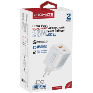 Incarcator retea PROMATE PowerPort-25AC, 1xUSB-C Power Delivery 25W, 1xUSB-A Quick Charge 18W, alb Incarcator retea PROMATE PowerPort-25AC, 1xUSB-C Power Delivery 25W, 1xUSB-A Quick Charge 18W, alb