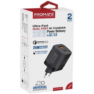 Incarcator retea PROMATE PowerPort-25AC, 1xUSB-C Power Delivery 25W, 1xUSB-A Quick Charge 18W, negru Incarcator retea PROMATE PowerPort-25AC, 1xUSB-C Power Delivery 25W, 1xUSB-A Quick Charge 18W, negru