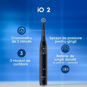 Periuta de dinti electrica ORAL-B iO2, 8800 miscari/min, Timer, 3 programe, 2 capate, negru Periuta de dinti electrica ORAL-B iO2, 8800 miscari/min, Timer, 3 programe, 2 capate, negru