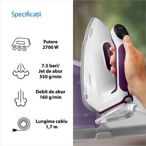 Statie de calcat BRAUN CareStyle 7 IS7266VI, 2700W, 550g/min, 2l, talpa Eloxal, alb-violet Statie de calcat BRAUN CareStyle 7 IS7266VI, 2700W, 550g/min, 2l, talpa Eloxal, alb-violet