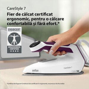 Statie de calcat BRAUN CareStyle 7 IS7266VI, 2700W, 550g/min, 2l, talpa Eloxal, alb-violet Statie de calcat BRAUN CareStyle 7 IS7266VI, 2700W, 550g/min, 2l, talpa Eloxal, alb-violet