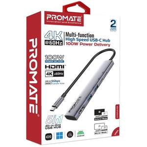 Hub USB Type-C PROMATE LinkHub-5X, USB-A, USB-C, HDMI, gri Hub USB Type-C PROMATE LinkHub-5X, USB-A, USB-C, HDMI, gri