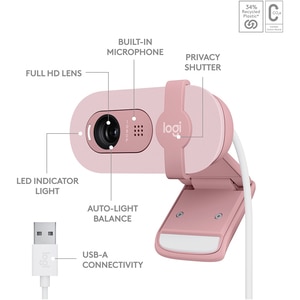Camera Web LOGITECH Brio 100, Full HD 1080p, roz Camera Web LOGITECH Brio 100, Full HD 1080p, roz