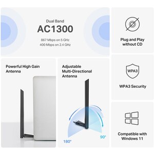 Adaptor USB Wireless MERCUSYS MA30H High-Gain AC1300, Dual Band 400 + 867 Mbps, negru Adaptor USB Wireless MERCUSYS MA30H High-Gain AC1300, Dual Band 400 + 867 Mbps, negru