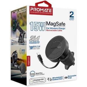 Suport auto cu incarcare wireless PROMATE MagDrive-R, parbriz/ventilatie, MagSafe 15W, negru Suport auto cu incarcare wireless PROMATE MagDrive-R, parbriz/ventilatie, MagSafe 15W, negru