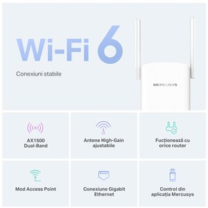 Wireless Range Extender MERCUSYS ME60X AX1500, Dual-Band 300 + 1201 Mbps, alb Wireless Range Extender MERCUSYS ME60X AX1500, Dual-Band 300 + 1201 Mbps, alb