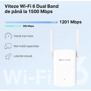 Wireless Range Extender MERCUSYS ME60X AX1500, Dual-Band 300 + 1201 Mbps, alb Wireless Range Extender MERCUSYS ME60X AX1500, Dual-Band 300 + 1201 Mbps, alb
