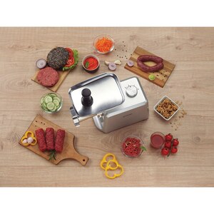 Masina de tocat carne GORENJE MG2502SJX, 2.4kg/min, 2500W, accesoriu carnati/suc de rosii/biscuiti, argintiu-alb Masina de tocat carne GORENJE MG2502SJX, 2.4kg/min, 2500W, accesoriu carnati/suc de rosii/biscuiti, argintiu-alb