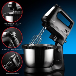 Mixer cu bol MYRIA MY4024BK, 3.4l, 300W, 5 trepte viteza, argintiu-negru Mixer cu bol MYRIA MY4024BK, 3.4l, 300W, 5 trepte viteza, argintiu-negru