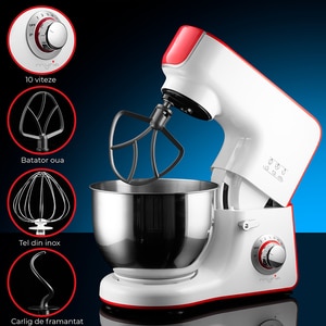 Mixer cu bol MYRIA MY4121, 5l, 1000W, 10 trepte viteza, alb-rosu Mixer cu bol MYRIA MY4121, 5l, 1000W, 10 trepte viteza, alb-rosu