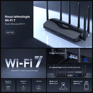 Router Wireless Gigabit MERCUSYS MR47BE BE9300, WI-Fi 7, Tri Band 574 + 2880 + 5760 Mbps, negru Router Wireless Gigabit MERCUSYS MR47BE BE9300, WI-Fi 7, Tri Band 574 + 2880 + 5760 Mbps, negru