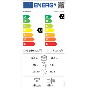 Masina de spalat rufe frontala cu uscator GORENJE WD2A854ADS, 8/5 kg, 1400rpm, Clasa A/D, alb Masina de spalat rufe frontala cu uscator GORENJE WD2A854ADS, 8/5 kg, 1400rpm, Clasa A/D, alb