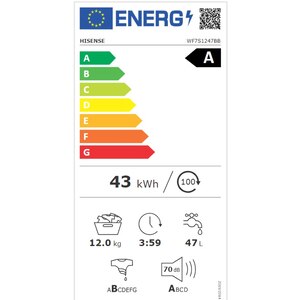 Masina de spalat rufe frontala HISENSE WF7S1247BB, Steam, 12 kg, 1400rpm, Clasa A, Wi-Fi, negru Masina de spalat rufe frontala HISENSE WF7S1247BB, Steam, 12 kg, 1400rpm, Clasa A, Wi-Fi, negru